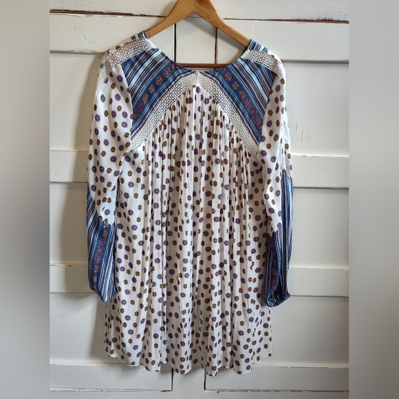 Free People Rain Or Shine Blue and White Lace up Mini Dress | Balloon Sleeve | M - Picture 4 of 9